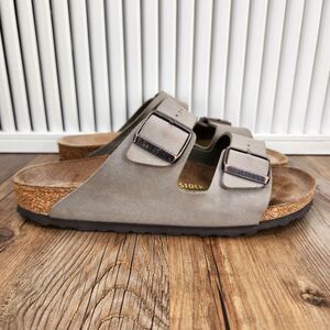 Birkenstock Arizona Slide Sandals Womens Sz 8 Gray Suede Dual Strap Cork Footbed